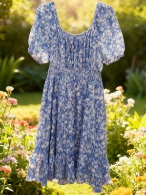 Blue Floral Puff-Sleeve Sundress